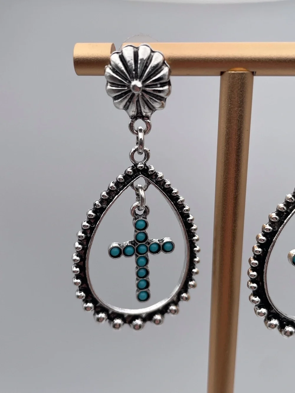 Silver Water Drop Turquoise Cross Drop Earrings Stainless Steel